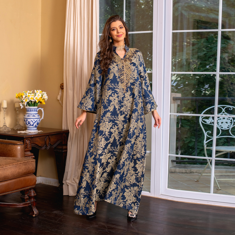 Women's Clothing Muslim Evening Gown Jacquard Embroidery Dress Beading Fashion Kaftan Arabian Dubai Robe_voghion.com