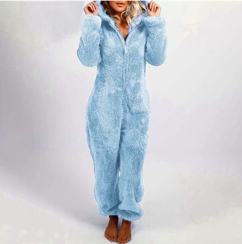 Women's Autumn And Winter Fleece Thickened Fluffy Jumpsuit Home Hooded Bear Pajamas_voghion.com