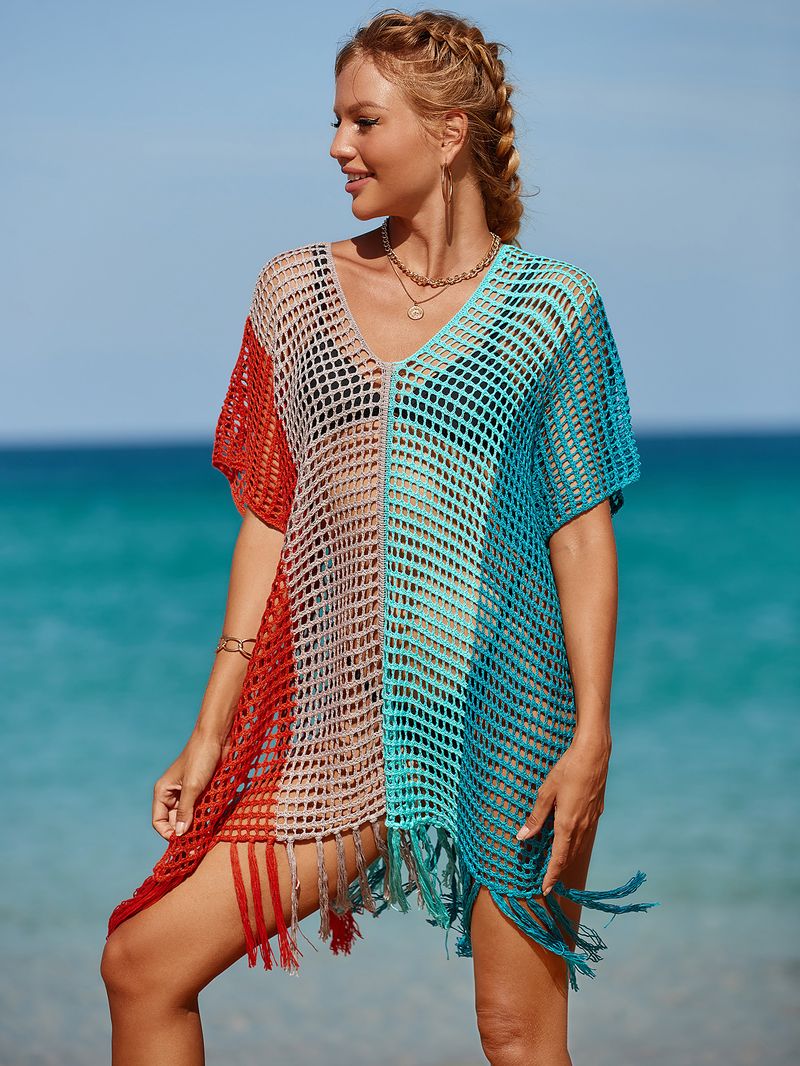 Damen Strandüberwurf, gestrickt, Regenbogenfarben, Urlaubsüberwurf, Strickpullover_voghion.com