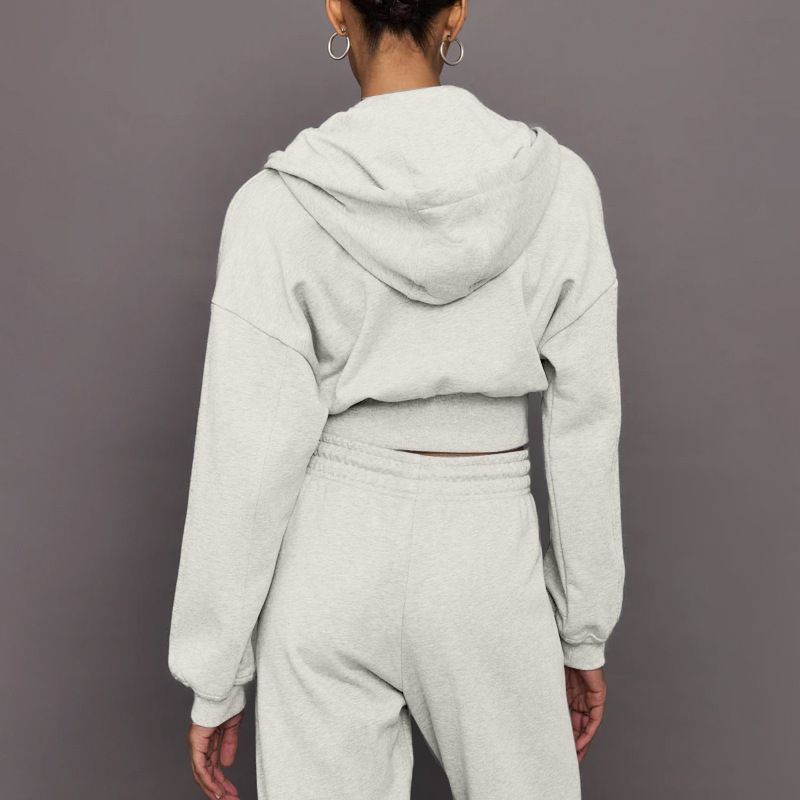 001 Custom Processing Autumn Winter Set Short Zipper Hooded Sweatshirt Jacket Loose Drawstring Jogger Pants_voghion.com