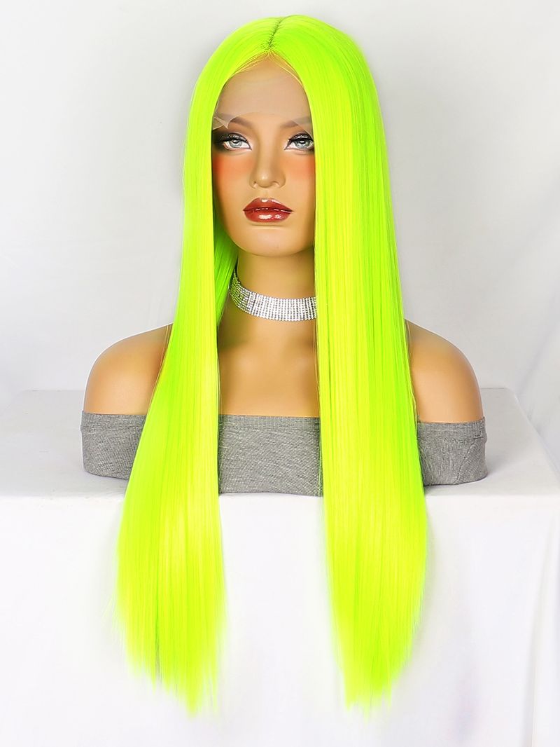 Synthetische Clip-in-Perücken, modische Perücken, vordere Spitze, synthetische Faser, Kopfbedeckung, grün, langes glattes Haar, Hochtemperatur-Drahtfleck_voghion.com