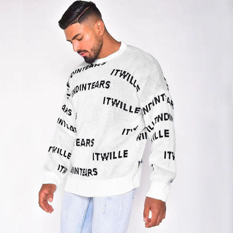 Men's Knit Letter American High Street Leisure Round Neck Loose Soft Waffle Pullover Top Men_voghion.com