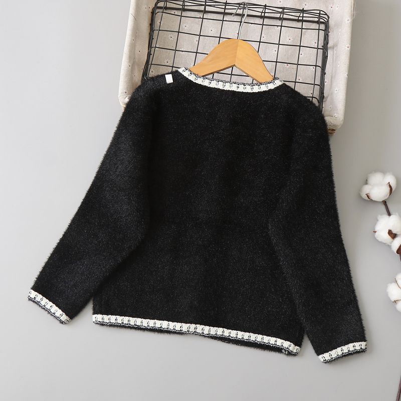 Pull en tricot doux imitation vison pour mère et enfant, cardigan d'hiver confortable avec col montant et manches longues rayées pour grands enfants (120-160 cm) - Crème/Noir_voghion.com