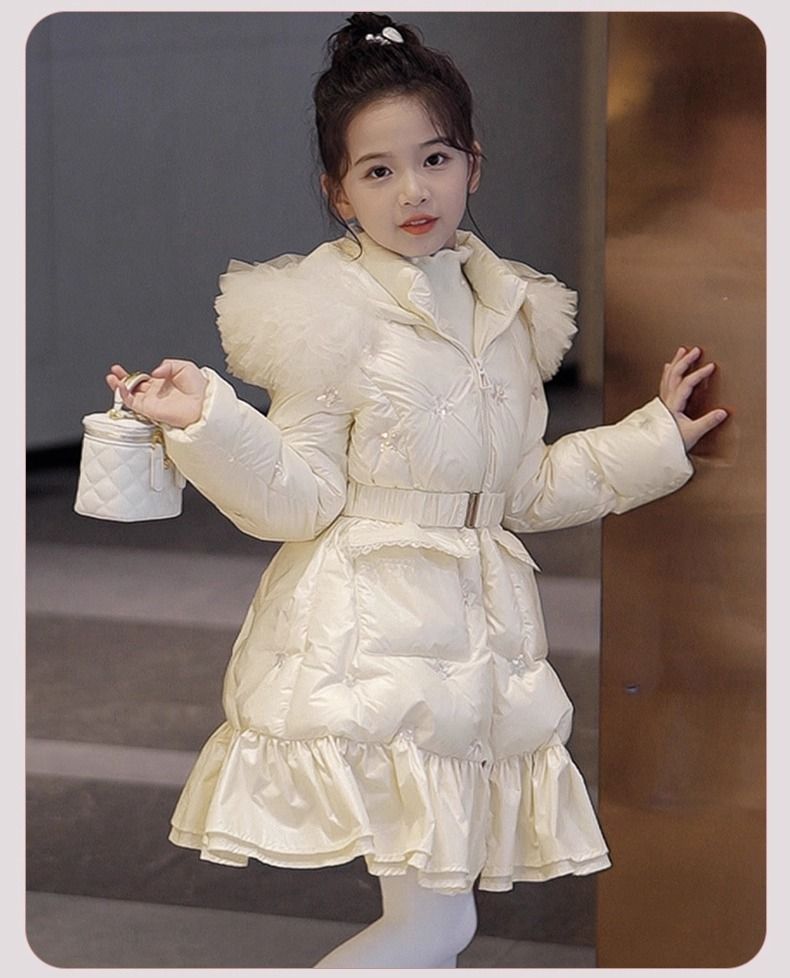 Kurzjacke mit Glitzerstickerei für Kinder – Lange Winterjacke mit Taillenband (Unisex, Gelb, 8–14 Jahre)_voghion.com