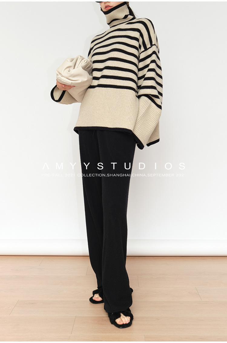 Gestreifter Rollkragenpullover Loses Design Nischen-Strickpullover Pullovermantel_voghion.com