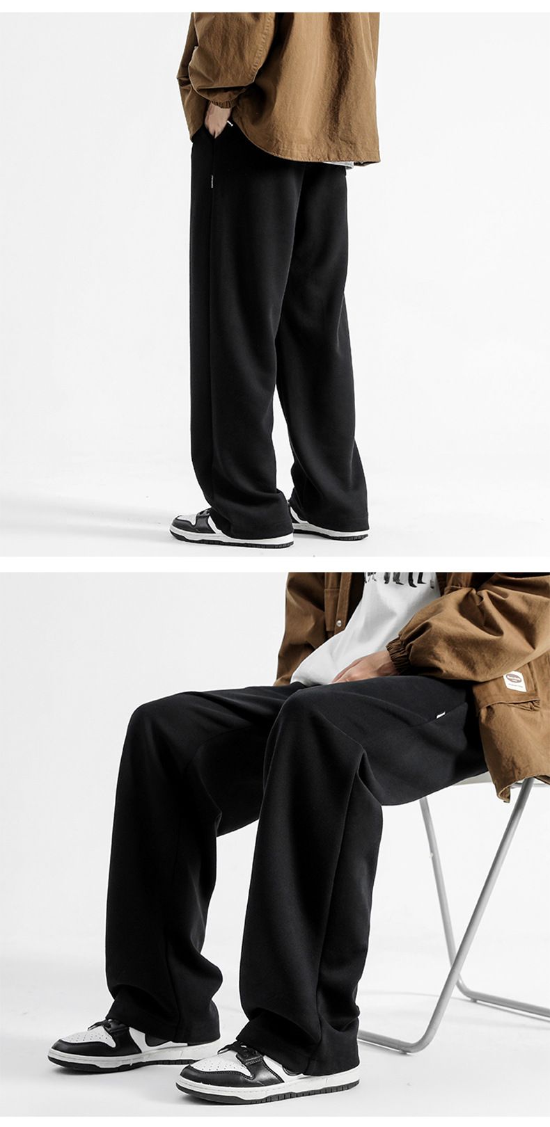 Herrenbekleidung Locker geschnittene Jogginghose mit Fleecefutter – Dicke, warme, lässige Jogginghose, übergroße lange Hose (Grau, Schwarz, Übergrößen S-5XL)_voghion.com