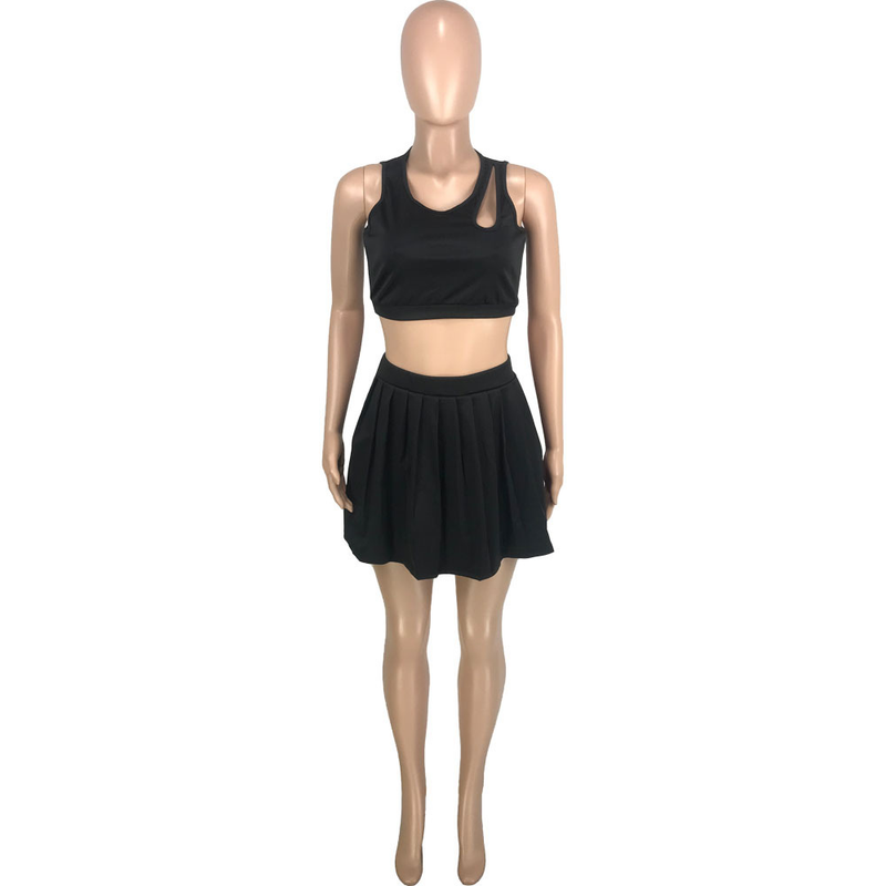 Ensemble deux pièces pour femmes, mode décontractée, sexy, couleur unie, taille nue, creux, pliable, gilet ample, jupe_voghion.com