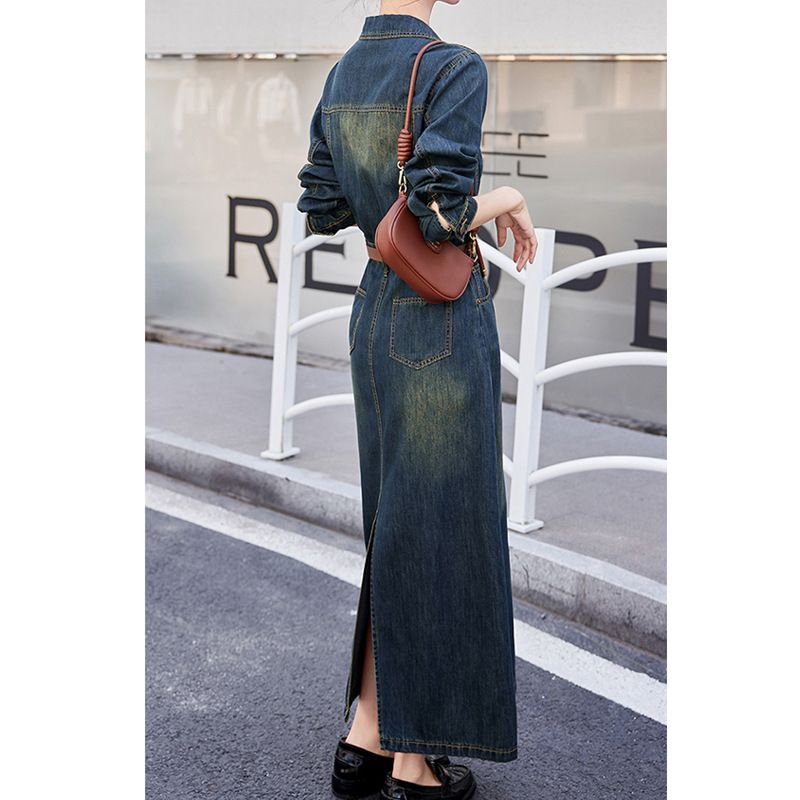 Abito in denim con maniche europee per donna in primavera e autunno, nuova gonna lunga aderente con cintura in vita_voghion.com