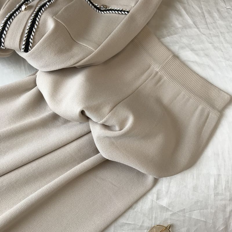 Kadın moda yuvarlak boyun örme hırka üst geniş bacak pantolon iki parçalı set_voghion.com