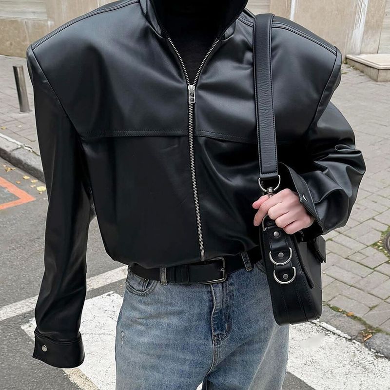 Veste de style motard automne-hiver, col montant, manteau en cuir, design élégant et tendance 2025, collection transfrontalière_voghion.com