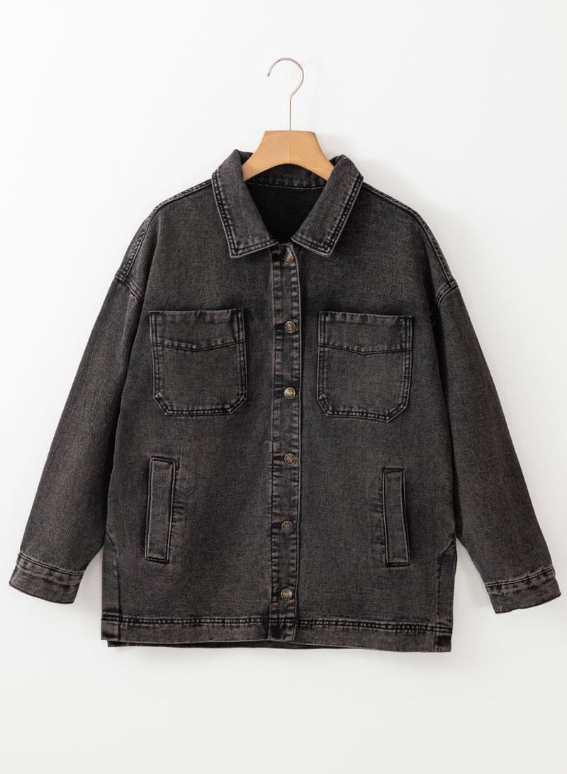 Giacca in denim oversize da donna con bottoni sul davanti e spacchi laterali – Cappotto casual a maniche lunghe in blu, nero, grigio_voghion.com