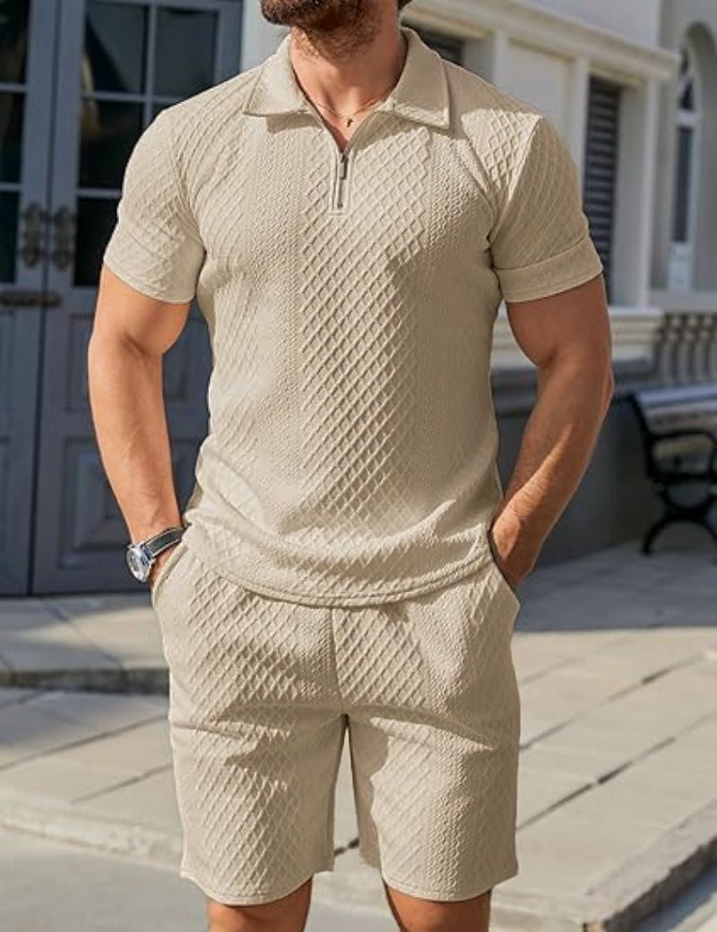 Conjunto de polo y pantalón corto de verano para hombre: tejido jacquard transpirable, ropa deportiva informal, tallas S-XXXL (blanco, gris, negro, caqui y azul cielo)_voghion.com