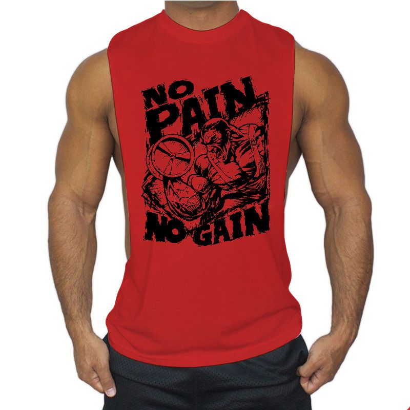 Canotta sportiva da uomo in cotone, vestibilità ampia, con spacchi laterali, per bodybuilding, PAIN NO GAIN_voghion.com