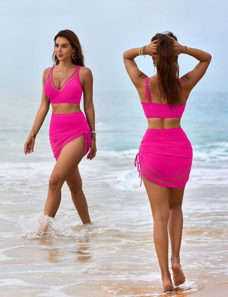 Maillot de bain une pièce sexy à bretelles et décolleté en V profond pour femme, épissure en maille, cordon de serrage latéral, dessous de verre amovible, maille fine_voghion.com