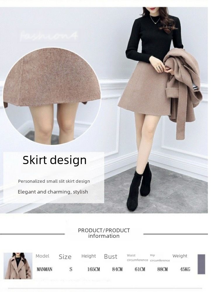 New women's camel two-piece woolen coat fashion woolen skirt suit_voghion.com