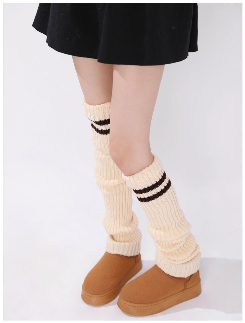 Scaldamuscoli autunnali e invernali, calzini extra lunghi in maglia spessa, calzini sopra il ginocchio, stivali da neve, coprigambe, calzini in pile caldo a righe a contrasto JK_voghion.com