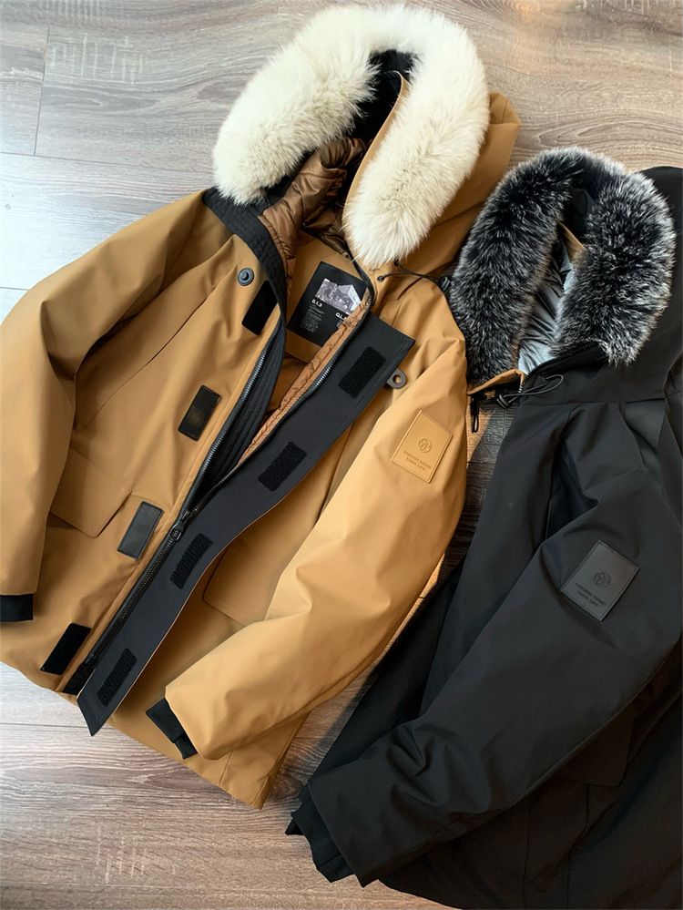 Negozio di abbigliamento maschile 2K+ 90 giacca in seta e cotone con cappuccio in pelliccia di volpe invernale da uomo, calda e spessa, tinta unita, casual_voghion.com