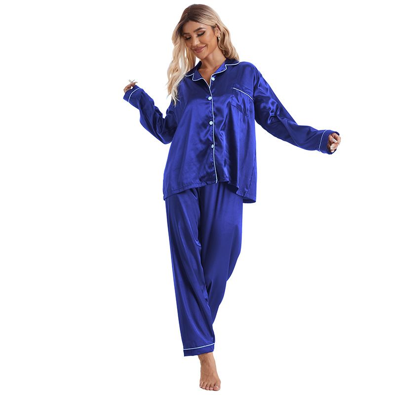 Homewear Turn-down Collar Ice Silk Pajamas Women's Sleeve Long Pants Two-piece Set Plus Size Satin_voghion.com