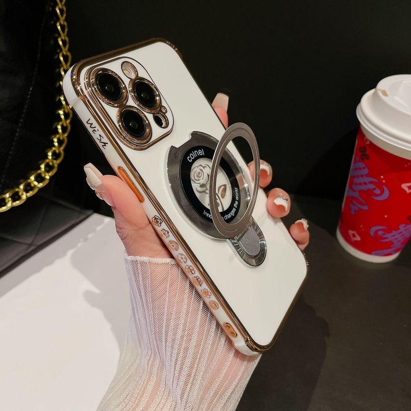 iPhone 15/16 Pro hoesje met roségouden zijprint en magnetische standaard - 6D gegalvaniseerde glitter schokbestendige hoes (slanke pasvorm, krasbestendig)_voghion.com