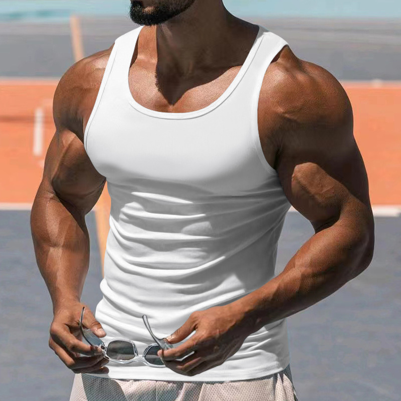 2023 Summer Fitness Training Solid Color Thin Racerback Tank Top Men's Style_voghion.com