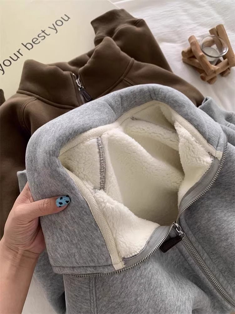 Winter Small Thickened Lamb Wool Sweatshirt Jacket For Women, Commuting Versatile Warm Casual Std Collar Zipper_voghion.com