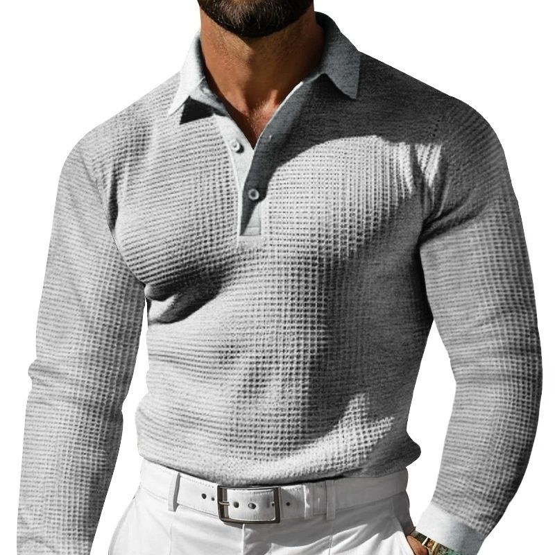 Herren-Poloshirt mit Waffelstrick und langen Ärmeln und Button-Down-Kragen – bequemes und stylisches Freizeit-T-Shirt für den Alltag_voghion.com
