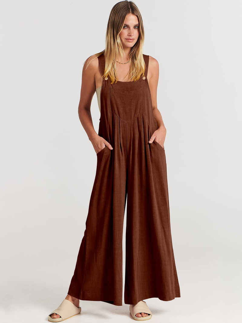 Women's clothing solid color loose casual cotton and linen overalls jumpsuit_voghion.com