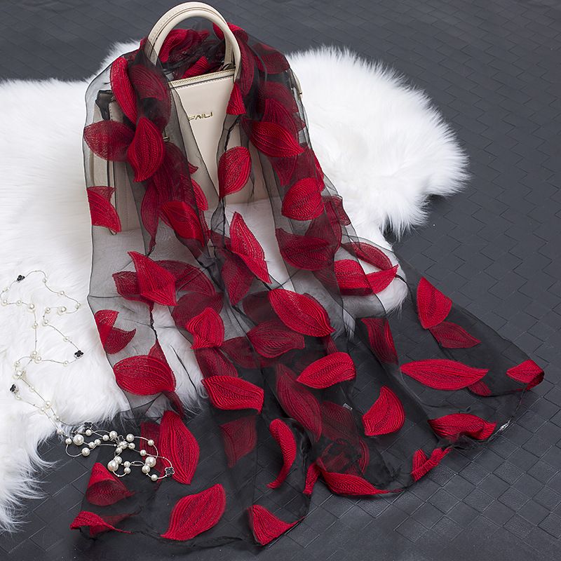 2024 Spring Summer Korean Version Organza Cut Flower Women Cotton Linen Lace Splicing Leaf Pattern Silk Scarf Shawl_voghion.com