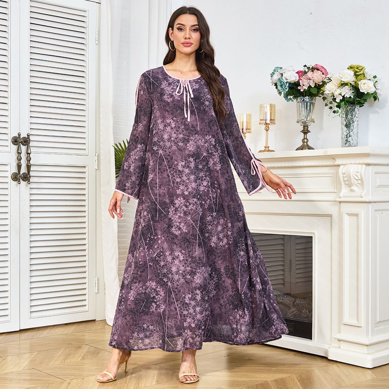 Neues muslimisches Sommerkleid mit langen Ärmeln, schlicht und locker, lässig, Blumenmuster, Übergröße_voghion.com