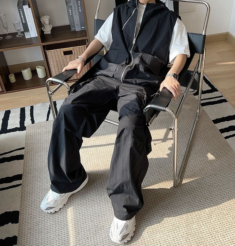 Herrenbekleidung Reißverschluss Weste mit Kapuze Overall Anzug Herren Ins Nischendesign lockere lässige ärmellose T-Shirt Hose_voghion.com