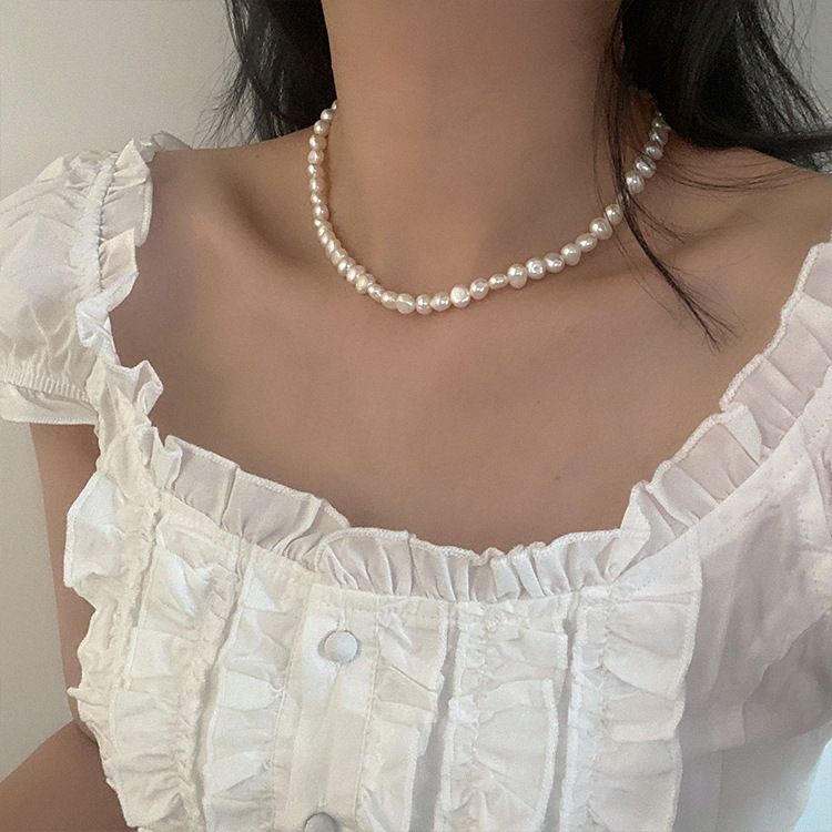 Collana con perle d'acqua dolce da donna, stile retrò francese, semplice, versatile, elegante, alla moda, con catena per clavicola_voghion.com