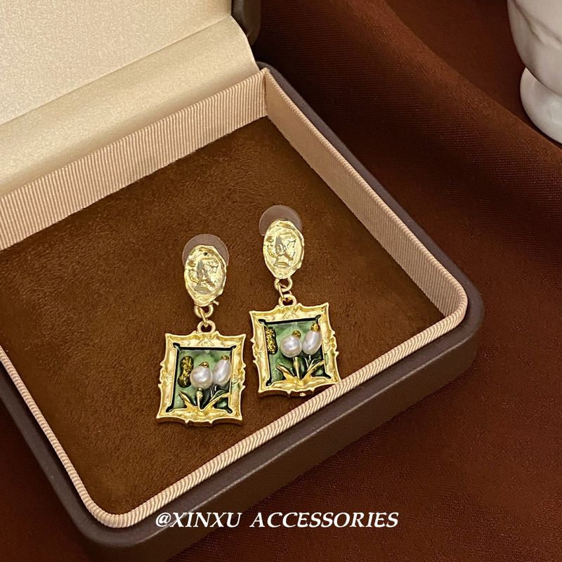 Nuovo stile di pittura a olio con fiore con una nicchia, design personalizzato, semplice e di alta qualità, orecchini di lusso versatili e leggeri_voghion.com