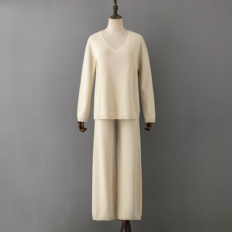 Set da donna in seta di ghiaccio tinta unita con scollo a V, set di due pezzi maglione casual sciolto a vita alta_voghion.com