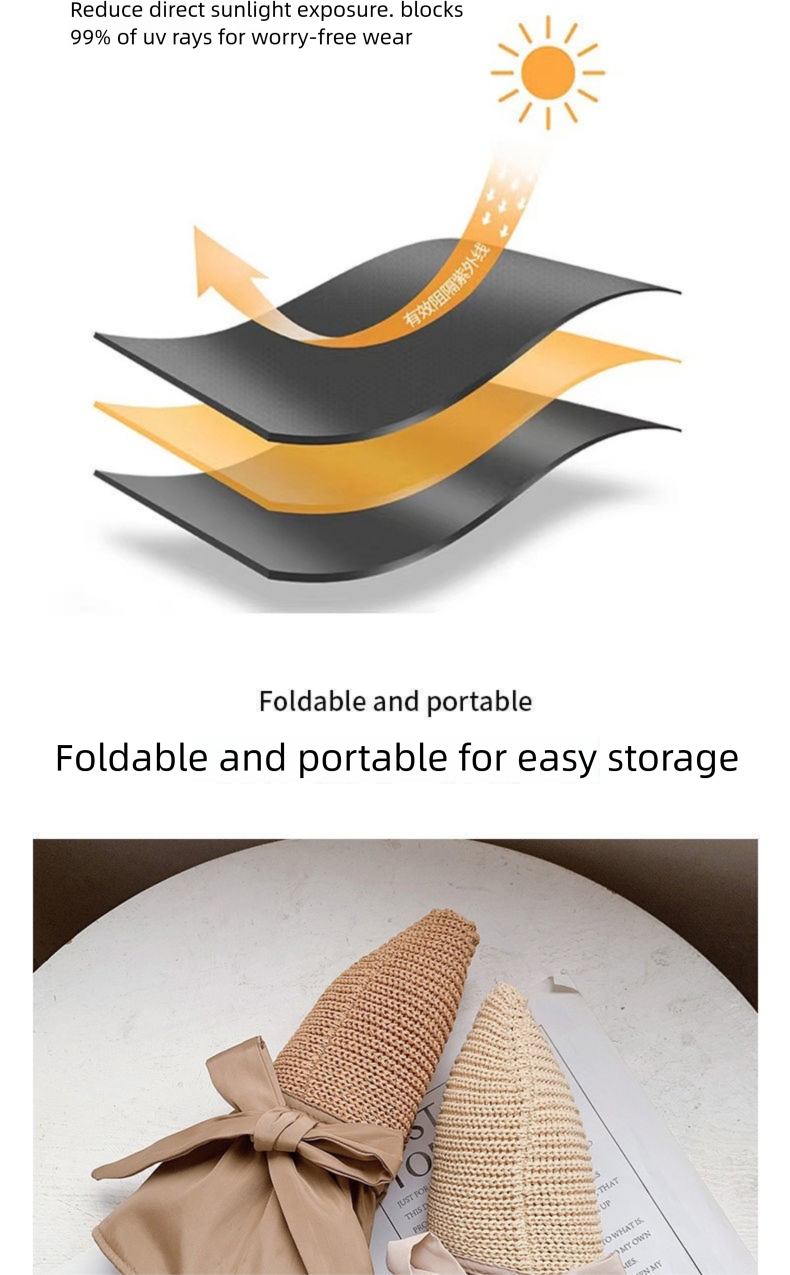 Sommer-Sonnenschirm mit schwarzer Schleife für Damen, koreanischer und japanischer Stil, UV-Schutz, breite Krempe, Gesichtsschutz, Sonne_voghion.com