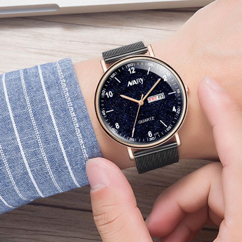 Reloj de pulsera de cuarzo para hombre Yamaler NARY con esfera redonda, calendario luminoso y números en forma de estrella_voghion.com