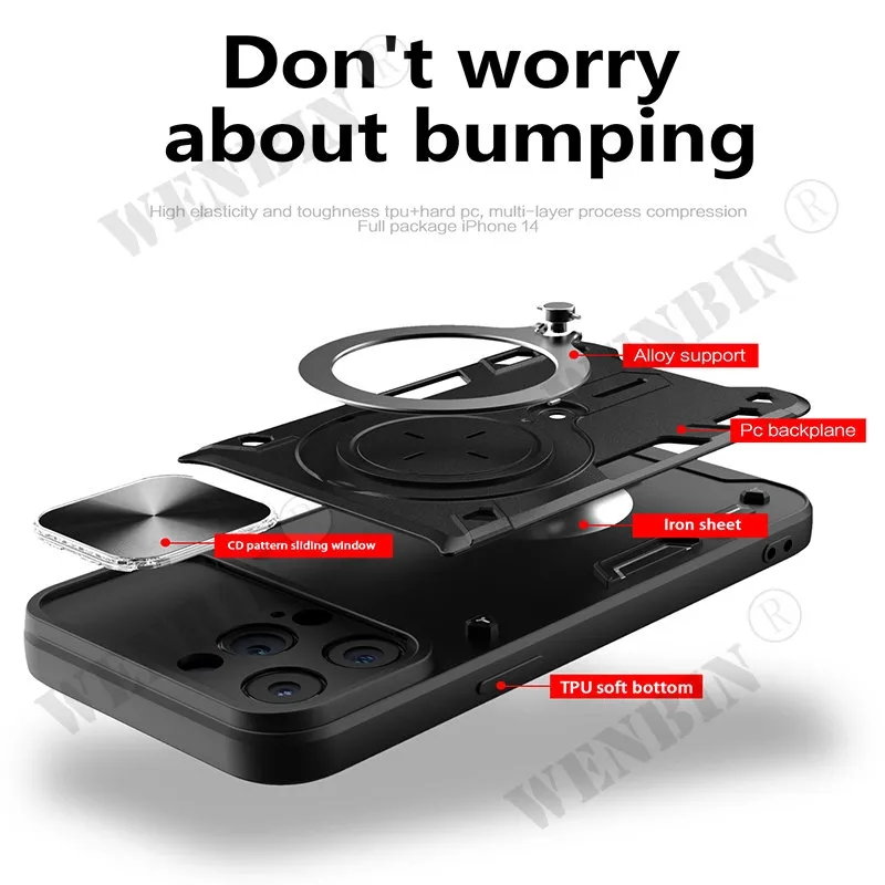 Hülle fir iPhone 15 14 13 12 11 Pro Max 8 7 Plus Magnéitesch rotéierend Schiebekamera 360 Grad rotéierend Standhülle Cover_voghion.com