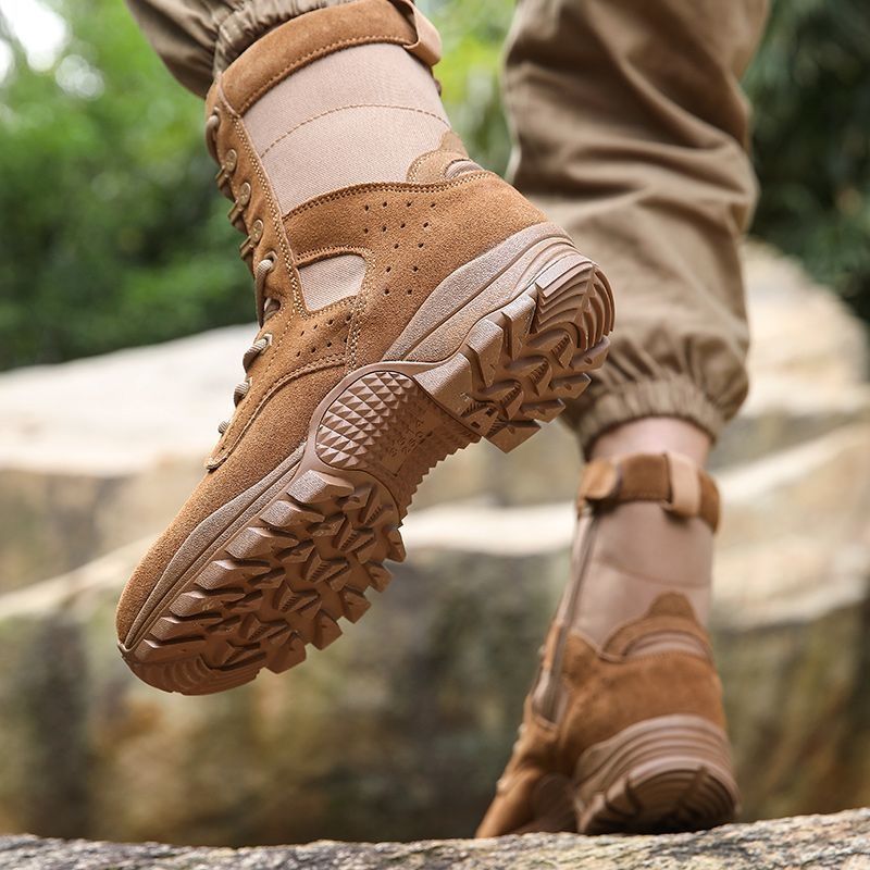 Waterproof Cowhide Shoes Fashion Side Zipper Lace-up Boots Outdoor Hiking Climbing Boot Wear-resistant Non-slip Shoe_voghion.com