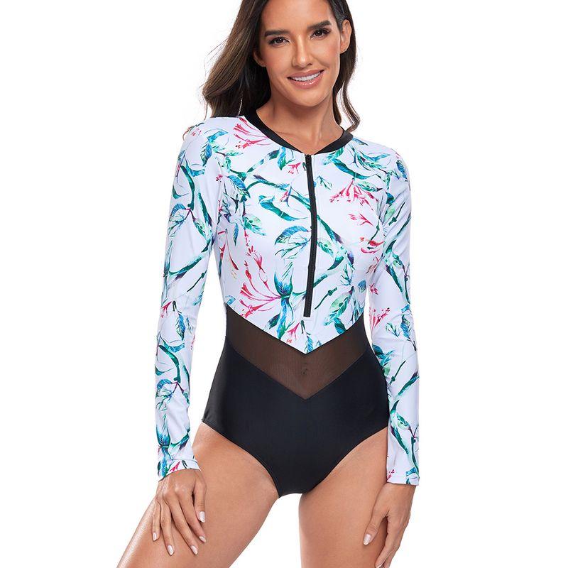 4-teiliger Damen-Badeanzug, langärmelig, sexy Blumendruck, Surf-Bademode, hohe Elastizität, Sonnenschutz, bügelloser BH_voghion.com