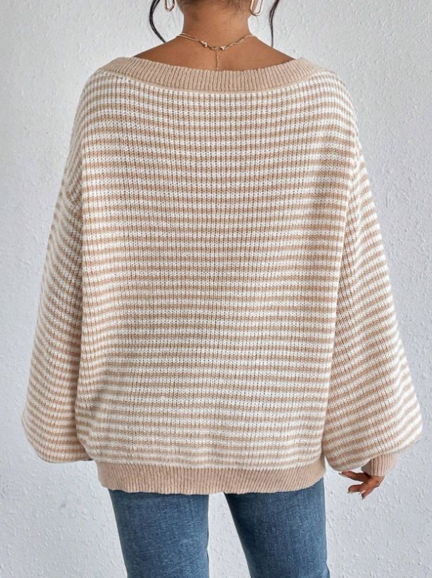 Maglione da donna in maglia con spalle scoperte, righe a blocchi di colore e maniche a lanterna – Vestibilità comoda e ampia per autunno e inverno_voghion.com