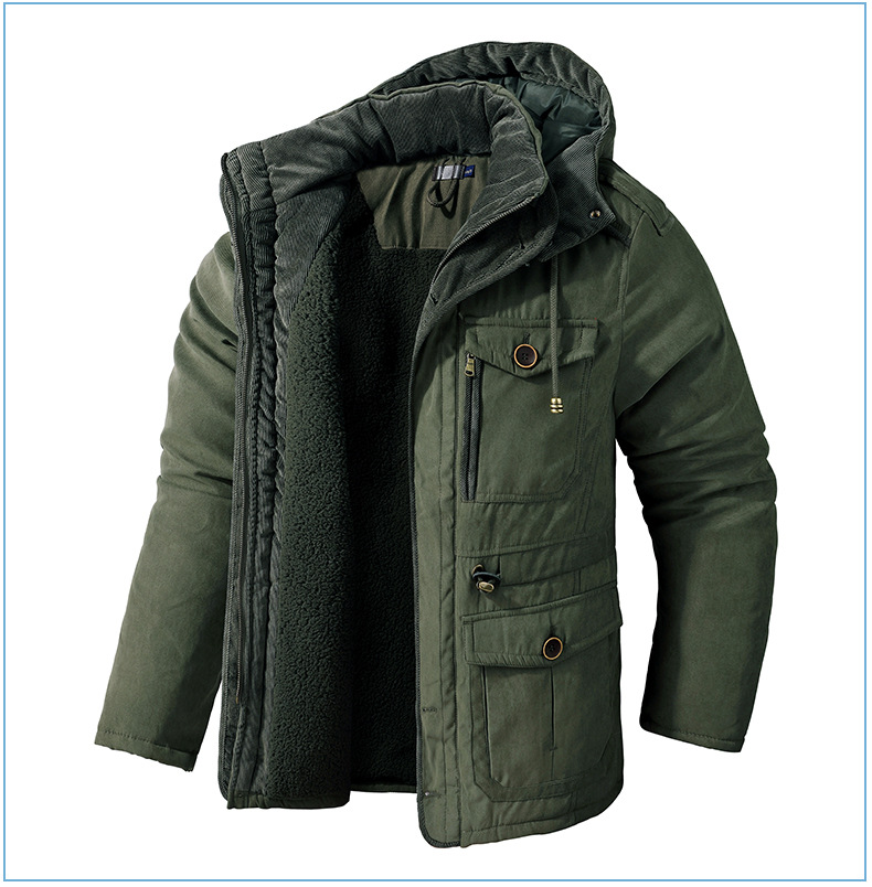 Men's Plus Size Shearling Hooded Cotton Jacket Thickened Multi-Pocket Cotton Top Casual Mid-Length Coat_voghion.com
