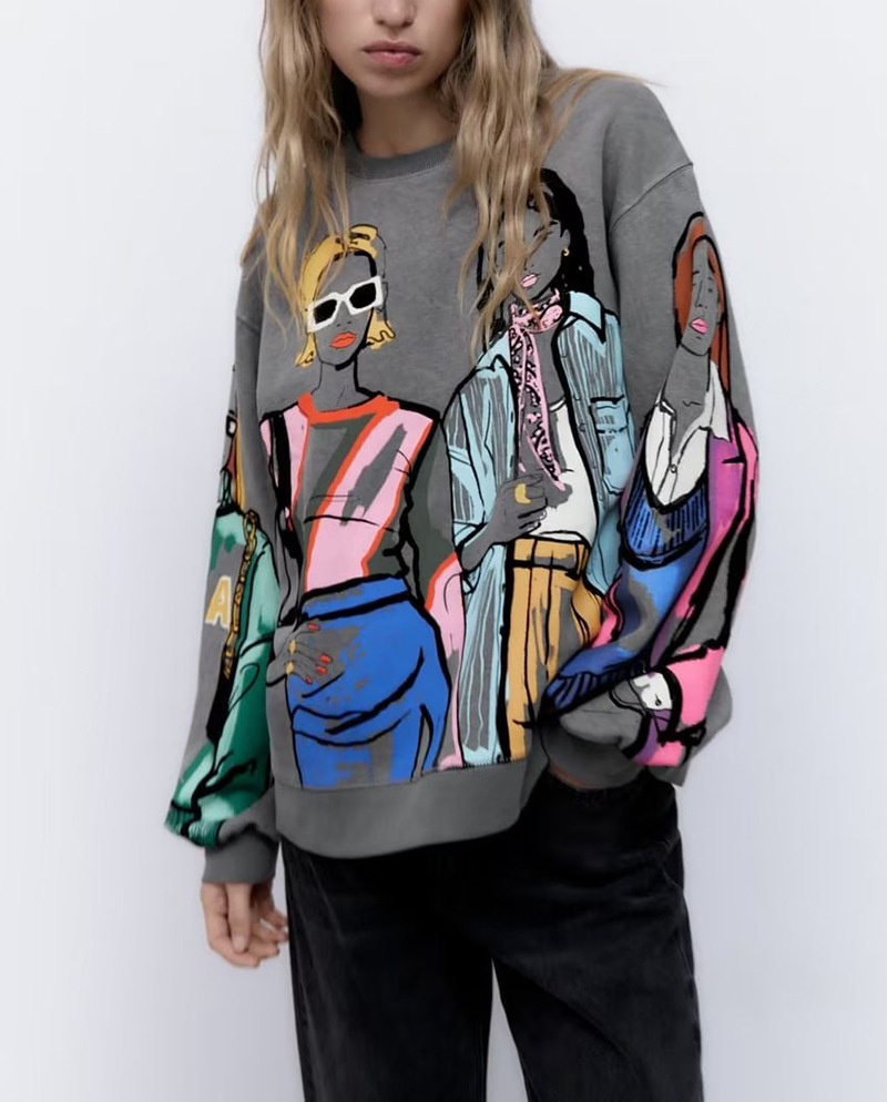 2022 Sonbahar ve Kış Yeni Kadın Sıcak Polar Astarlı Kapüşonsuz Yuvarlak Yaka Bol Baskılı Sweatshirt 1131865_voghion.com
