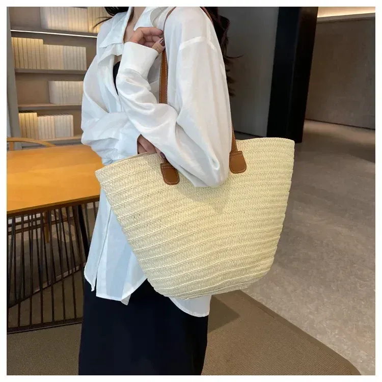 Borsa a tracolla portatile grande in paglia intrecciata con manico superiore da donna, borsa estiva da spiaggia, borsa shopper_voghion.com