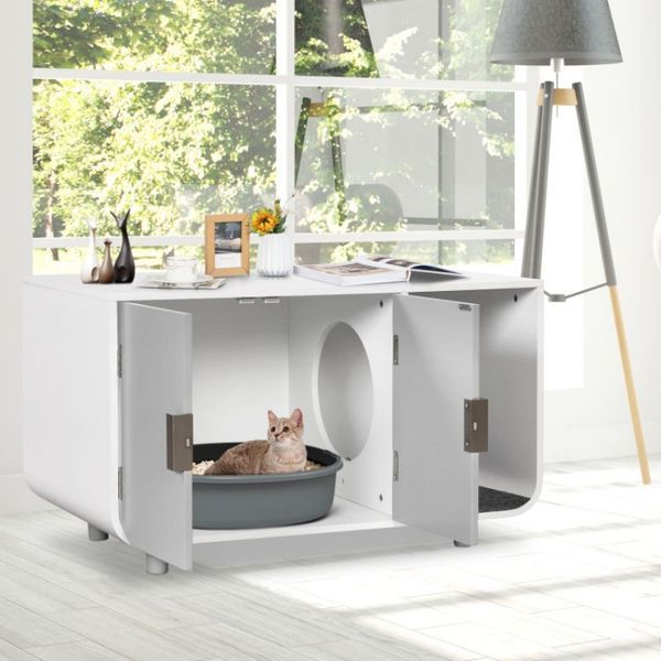 Cat Litter Box Enclosure Furniture With Removable Mat_voghion.com
