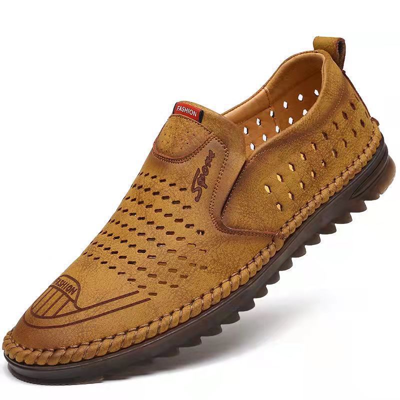 Mesh Sommer Hohl Weiche Leder Sandalen Atmungsaktive Loch Mittleren Alters Vater Herrenschuhe_voghion.com