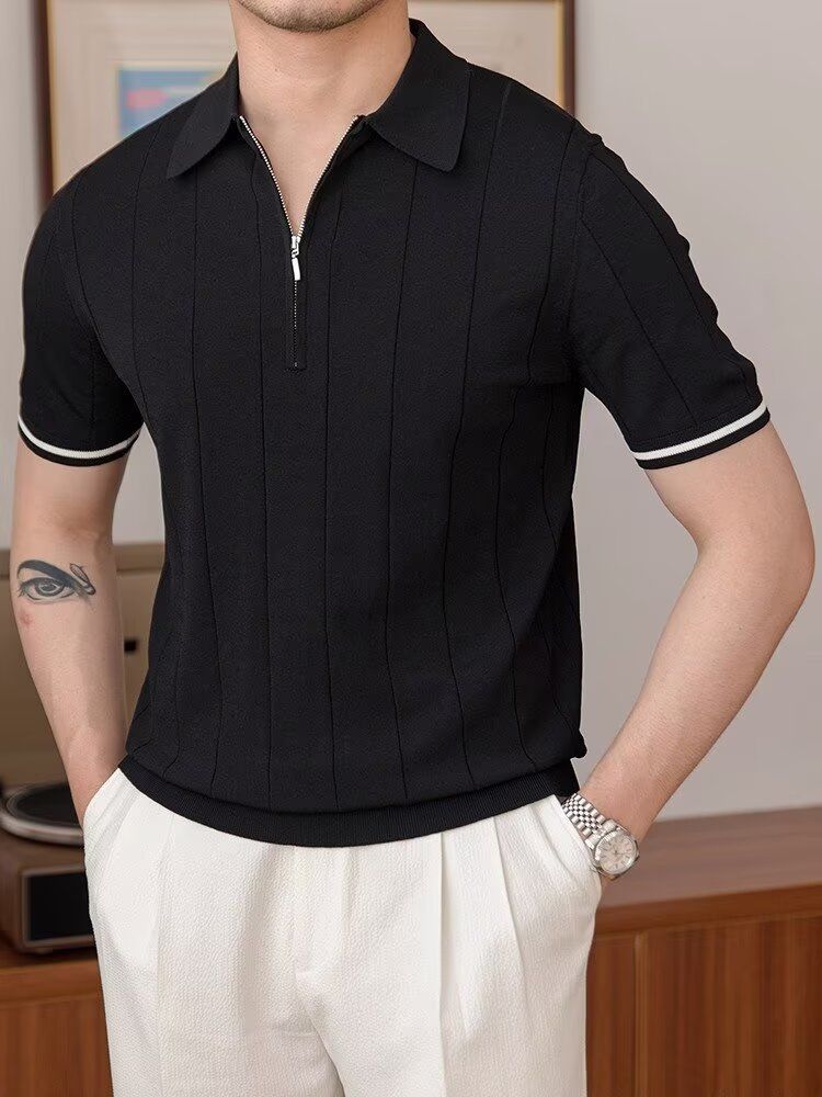 Herren-Premium-Sommer-Poloshirt, Slim Fit, halblanger Reißverschluss, Strickoberteil, kurzärmlig, atmungsaktiv, Freizeithemd für Teenager und junge Erwachsene_voghion.com