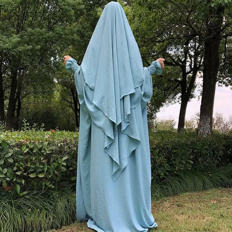 Women's Clothing Ice Silk Wrinkled Two Piece Suit Solid Color Pocket Robe Front One Back Two Double Layer Headscarf_voghion.com