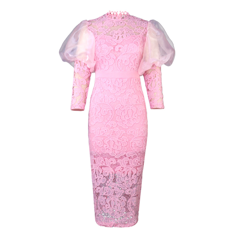 Robe femme col rond dentelle transparente manches bouffantes manches sept points coupe ajustée robe de soirée pour les femmes_voghion.com