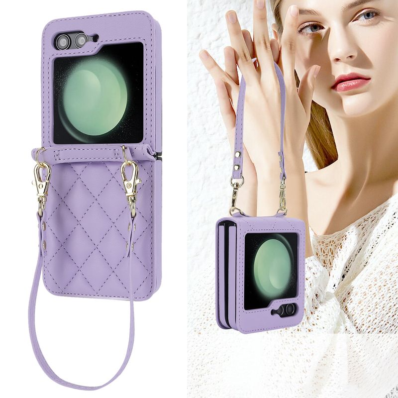 Nuova custodia per cellulare Z Flip6 per donna Custodia protettiva a tracolla Samsung Flip4 Custodia in pelle per cellulare a quadri_voghion.com