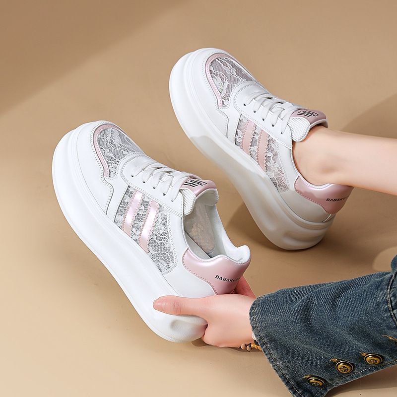 Mesh breathable small white for women in spring 2024, new thick soled sponge cake thin casual shoes, color matching lace_voghion.com