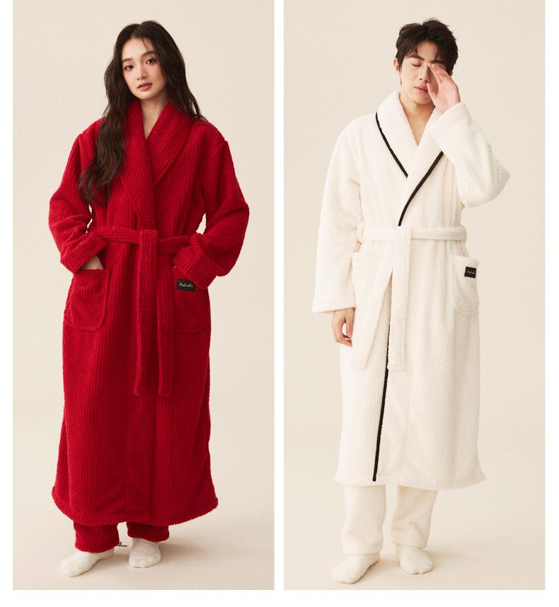 "Luxury Coral Fleece Bathrobe Set For Couples - Extra Long & Thick Winter Robe With Matching Pants - Ultra Soft V-Neck Design In Multiple Colors_voghion.com